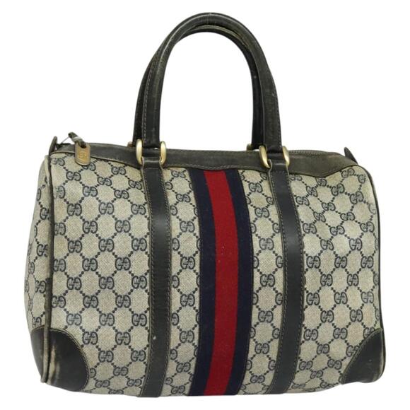 GUCCI GG Supreme Sherry Line Boston Bag Pvc Navy Gold Red - Picture 1 of 16